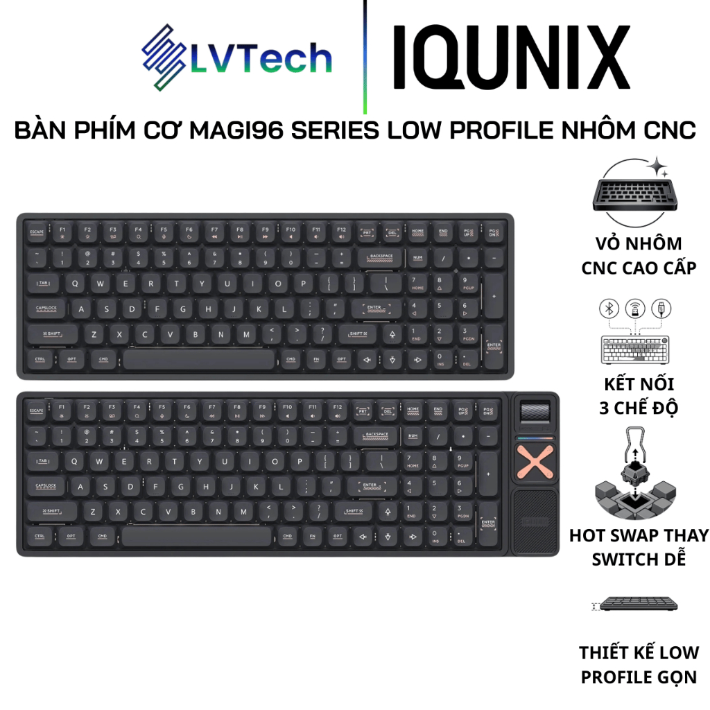 Bàn Phím Cơ IQUNIX Magi96 / Magi96 Pro Low Profile Vỏ Nhôm CNC, Kết Nối Bluetooth 5.1, 2.4GHz, USB-C