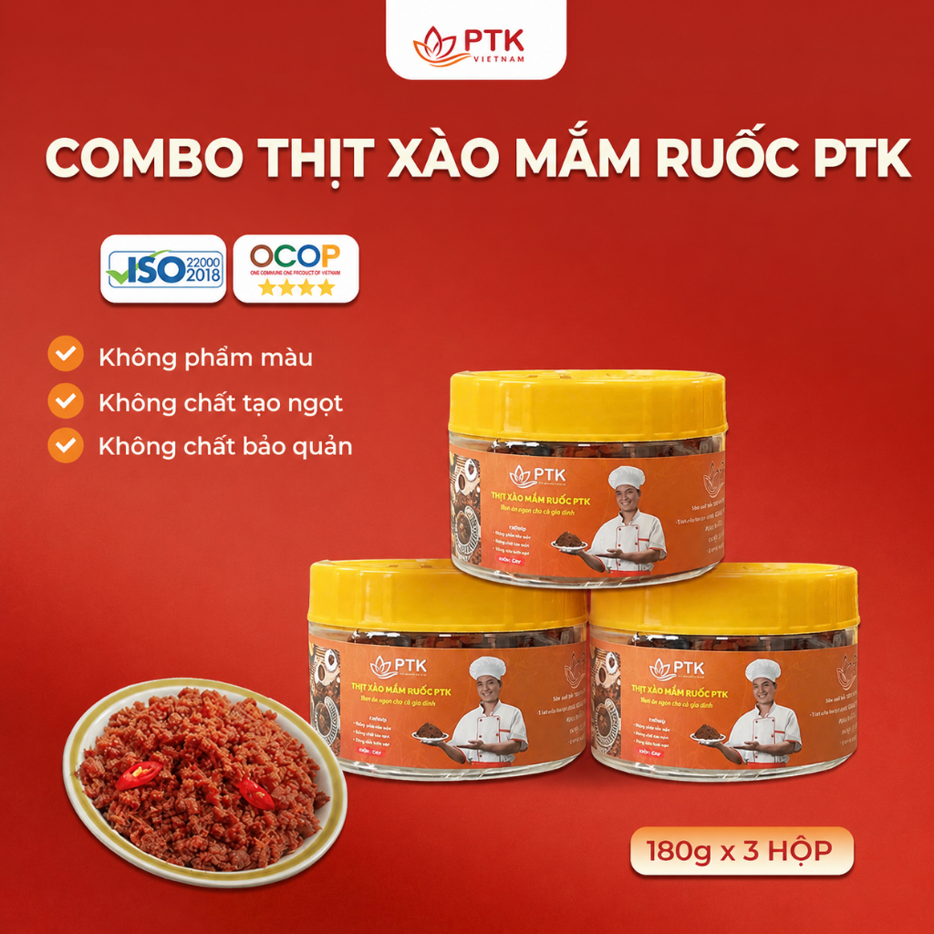 [COMBO] Thịt Xào Mắm Ruốc PTK hộp nhựa 180g (Vị cay nhẹ) - Đặc Sản Việt Nam - Đạt chuẩn ISO, OCOP