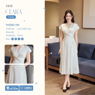 Váy Thiết Kế Nữ YAME Cổ V Họa Tiết Chấm Bi, Đầm Nữ Dự Tiệc Dáng A Form Xòe Rộng, Có Thắt Ngực Điệu, Bèo Nhún - YV992