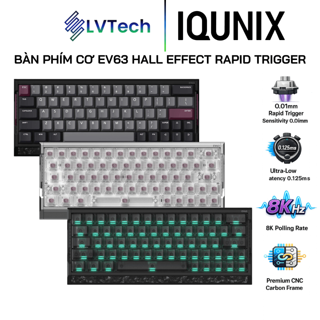 Bàn Phím Cơ Gaming IQUNIX EV63 Hall Effect, Rapid Trigger 0.01mm, Polling Rate 8000Hz, Khung Nhôm CN