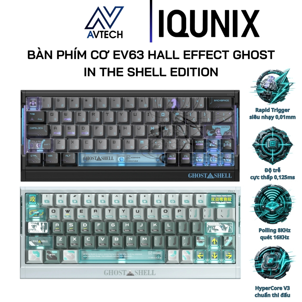 Bàn Phím Gaming Hall Effect IQUNIX EV63 Ghost in the Shell Edition Rapid Trigger 0.01mm 8KHz
