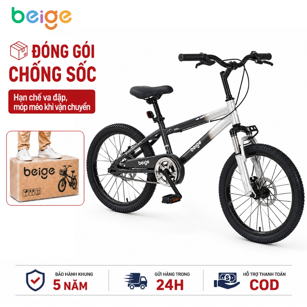 Beige xe đạp thể thao cho bé 2 tuổi, xe đạp trẻ em 2 phanh đĩa giảm xóc