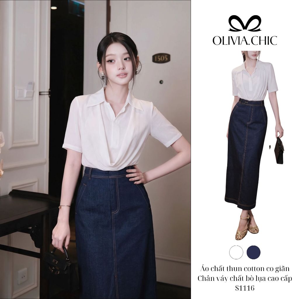Set Công Sở Cao Cấp OLIVIA.CHIC Áo Thun Cotton Cổ Sơ Mi Phối Chân Váy Bò Lụa Dáng Xuông S1116
