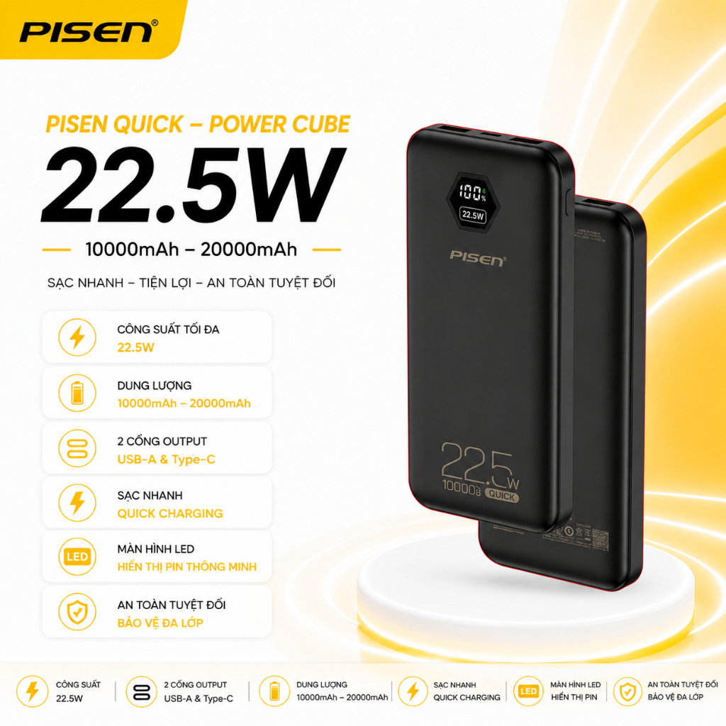 Sạc dự phòng PISEN QUICK Power Cube 22.5W 10000mAh - 20000mAh (TP-D183 & TP-D184) - Bảo hành 24 thán