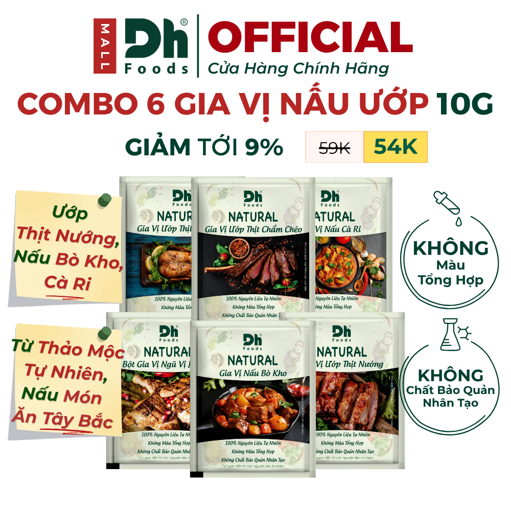 Combo 6 Gói Natural Gia vị Ướp 10gr Dh Foods - Gia Vị Ướp Thịt Nướng, Heo Quay, Vịt Quay, Ngũ Vị Hương, Cà Ri, Bò Kho