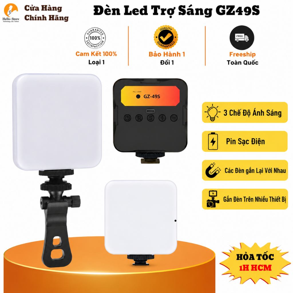 Đèn Led GZ49S Hỗ Trợ Ánh Sáng Chụp Ảnh Quay Video Sạc Pin 3 Chế Độ Ánh Sáng Nhỏ Gọn Gắn Nhiều Thiết 
