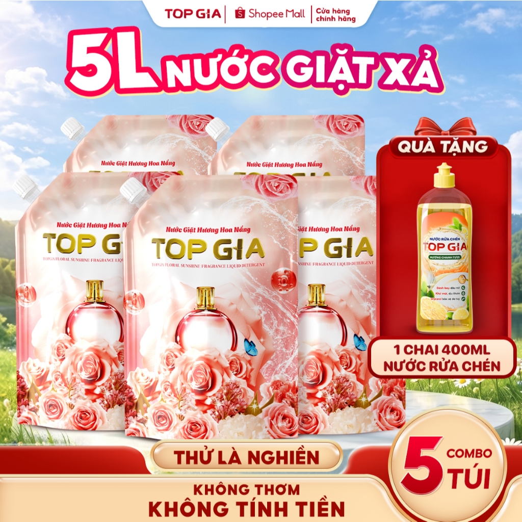 [COMBO 5L] Nước Giặt Xả TopGia Hương Hoa Nắng, Dung Tích 1L, Sạch Sâu Bền Màu, Lưu Hương 72H, Dịu Nh