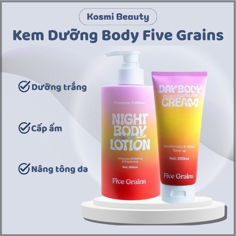 Combo Kem Dưỡng Body FIVE GRAINS Dưỡng Trắng Dưỡng Thể Five Grains Nâng Tông Ban Ngày 200ml Ban Đêm 