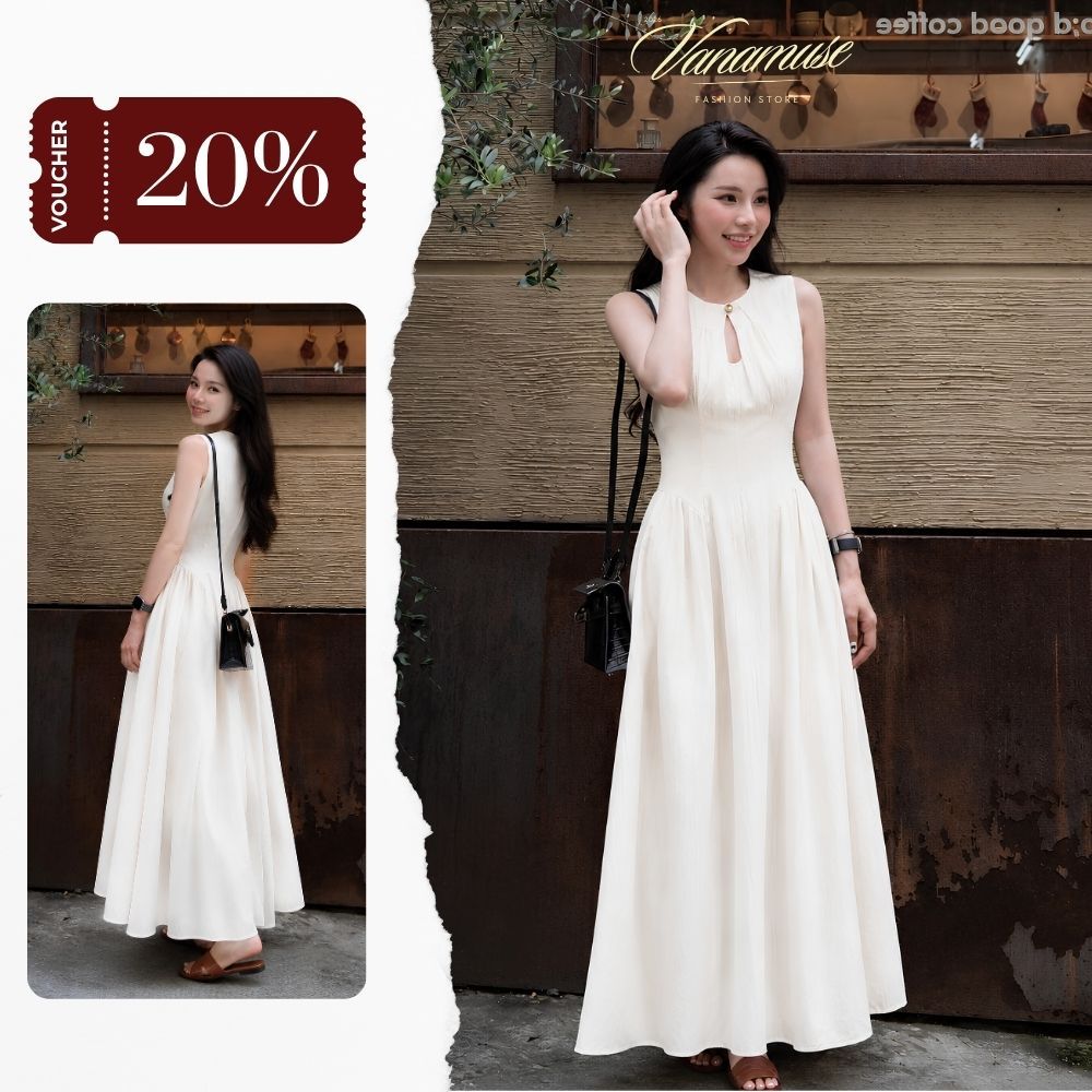 [25.7 MÃ LIVE GIẢM 20%] Váy Dài Dáng Xòe Không Tay Phối Cúc Cổ Siêu Tôn Dáng, Mặc Đi Du Lịch, Đi Làm Sang Chảnh Dịu Dàng