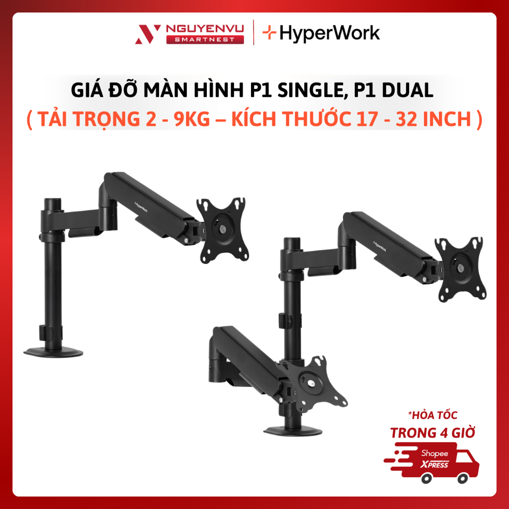 [MÃ MỚI 2026] Giá treo Màn Hình HyperWork P1 Single, P1 Dual | BẢO HÀNH 12 THÁNG | FULL VAT