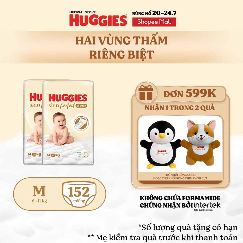 Combo 2 Tã quần Huggies Skin Perfect Super Jumbo M70+2/ L60+2/ XL52+6/ XXL48+6 miếng với 2 vùng thấm