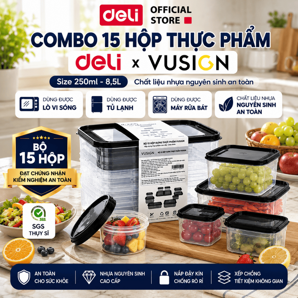Combo 2 bộ 15 hộp đựng thực phẩm DELI VUSIGN đủ size 250 - 8500ml dùng được…