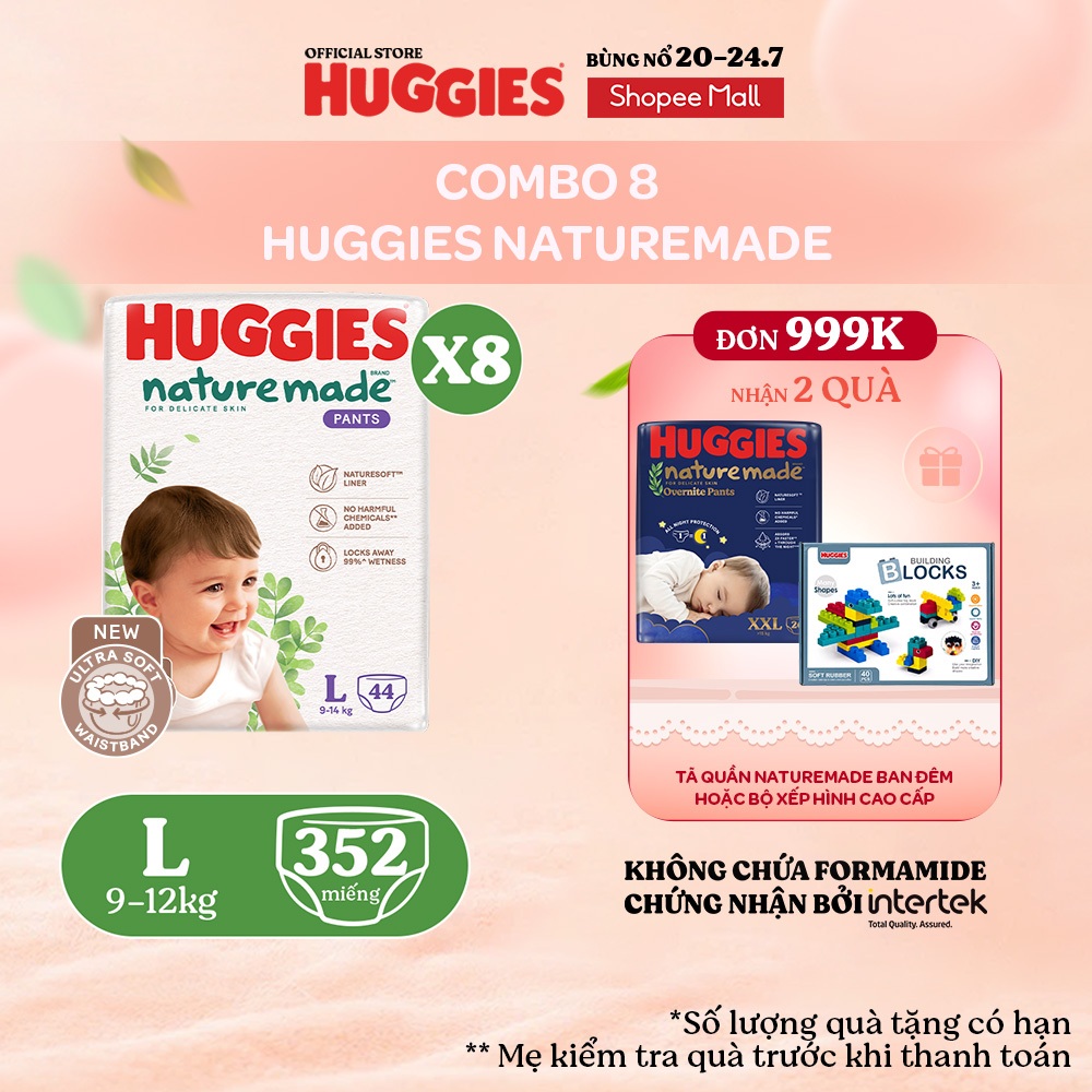 Combo 8 Tã Quần Huggies Platinum Nature Made M58/L44/XL38/XXL26