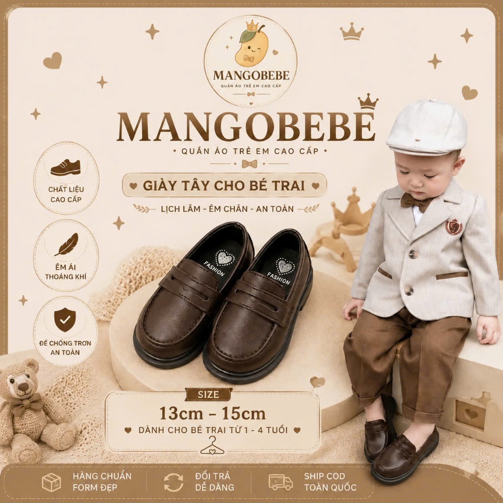 ( MANGOBEBE )Giày tây đen nâu công tử 2 màu nâu đen cho bé trai