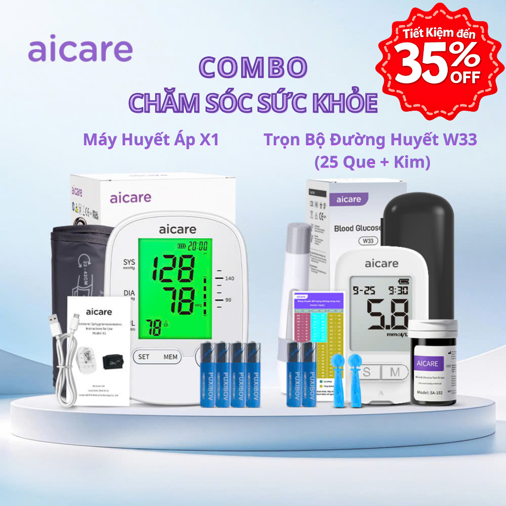 (X1+W33) Combo Máy Đo Huyết Áp AICARE X1 Và Trọn Bộ Máy Đo Đường Huyết AICARE W33 + Bút Chích + 25 Q