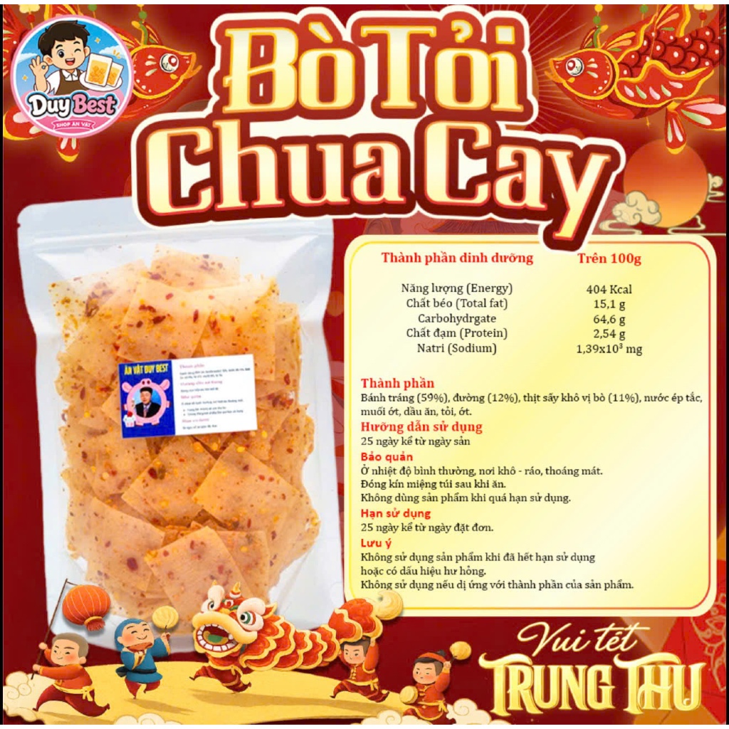 (Độc Quyền) Bánh Tráng Bò Tỏi Chua Cay Duy Best - Vị Tỏi Cay Nồng & Chua Tươi Mới (giỏ phụ)