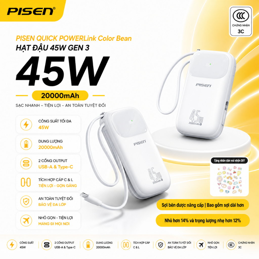 Sạc dự phòng PISEN QUICK POWERLink Color Bean - HẠT ĐẬU 45W GEN 3 - 20000mAh - Bảo hành 24 tháng