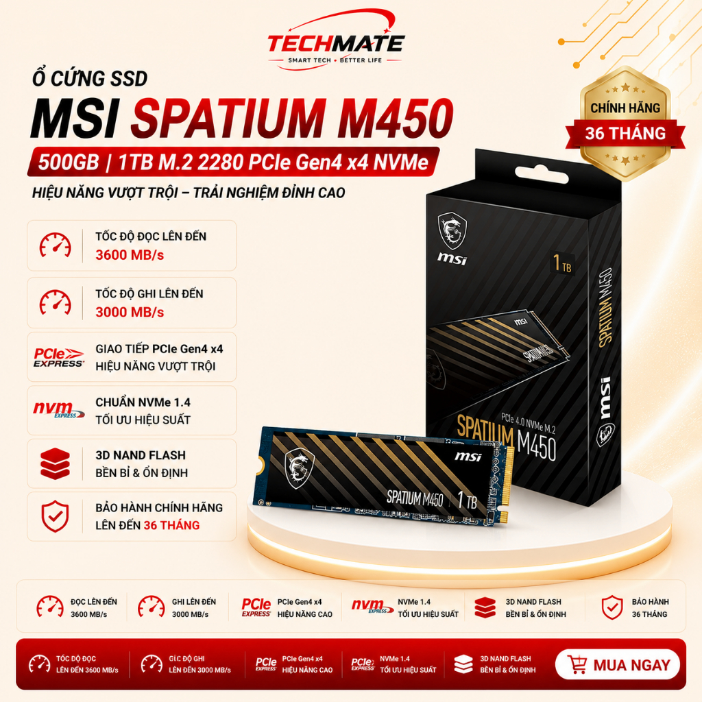 Ổ cứng SSD MSI SPATIUM M450 500GB 1TB M.2 2280 PCIe Gen4 x4 NVMe - Chính hãng.TECHMATE