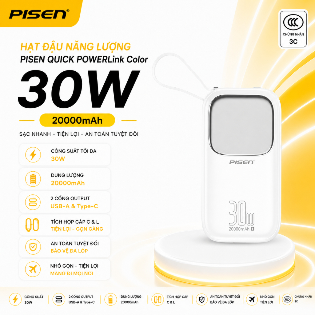 Sạc dự phòng PISEN QUICK POWERLink Color 30W 20000mAh - Hạt đậu năng lượng - Bảo hành 24 tháng