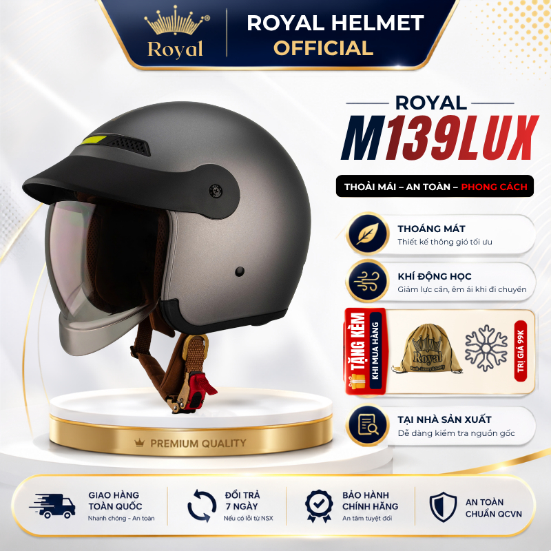 Mũ Bảo Hiểm 3/4 Royal M139 Luxury Chính Hãng Có Kính Tháo Lót Được, Nón Bảo Hiểm Royal 3/4 Nam Nữ