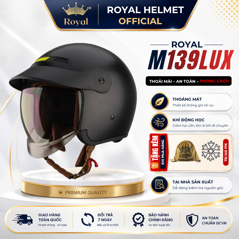 Mũ Bảo Hiểm 3/4 Royal M139 Luxury Cao Cấp Cho Nam Nữ, Nón Bảo Hiểm Royal Kính Âm Chống Nắng