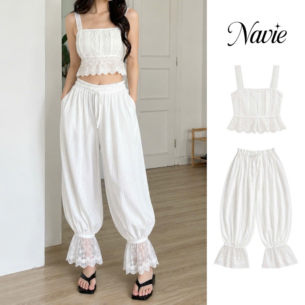 NAVIE - SET Áo 2 dây line thêu hoa và Quần balloon form rộng phối ren thời trang nữ