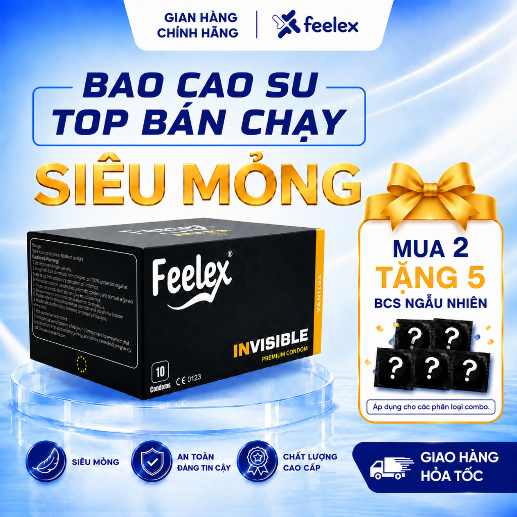 Bao cao su Feelex siêu mỏng, kéo dài thời gian, gân gai, nhiều gel bôi trơn - Hộp 10 bcs
