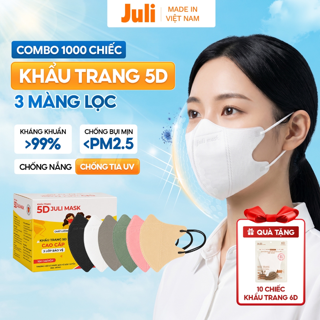 Sỉ 1000 Chiếc Khẩu Trang 5D JULI MASK 3 Lớp Kháng Khuẩn Chống Bụi Mịn, Khẩu Trang Y Tế Chống Nắng Ti
