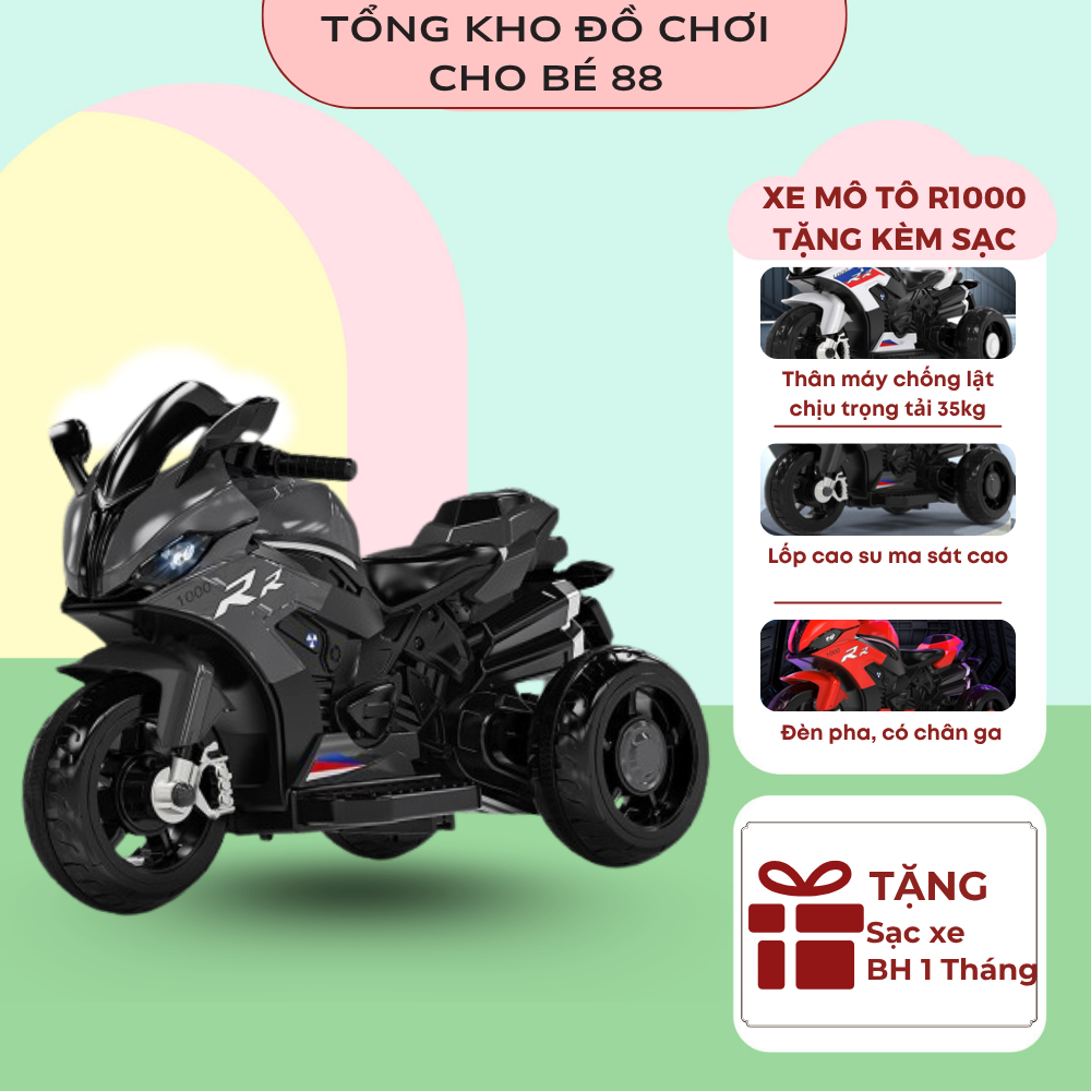 Xe Mô tô cho bé R1000 có đèn nhạc, full hộp, tặng kèm sạc