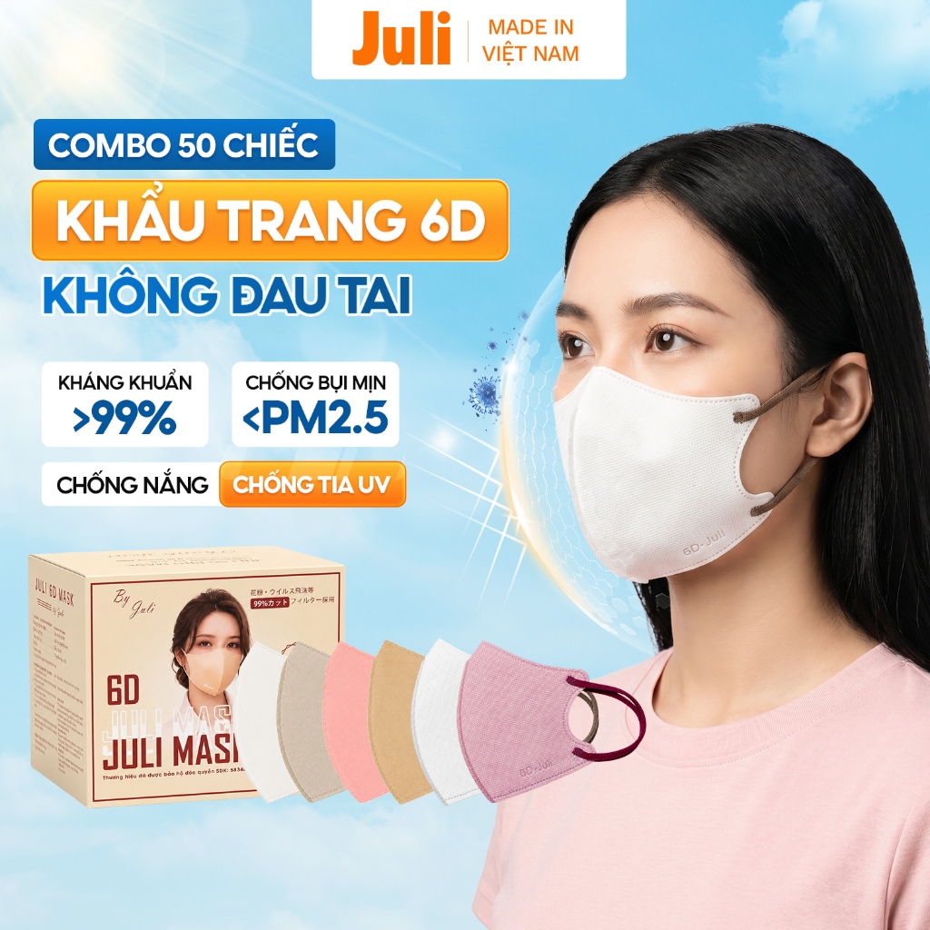 [50 chiếc] Khẩu Trang 6D JULI MASK, Khẩu Trang 3 Lớp Kháng Khuẩn Chống Bụi Mịn, Khẩu Trang Chống Nắn