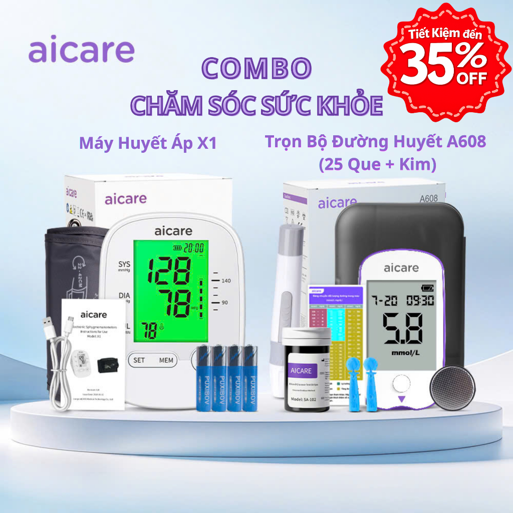 (X1+A608) Combo Máy Đo Huyết Áp AICARE X1 Và Trọn Bộ Máy Đo Đường Huyết AICARE A608 + Bút Chích + 25
