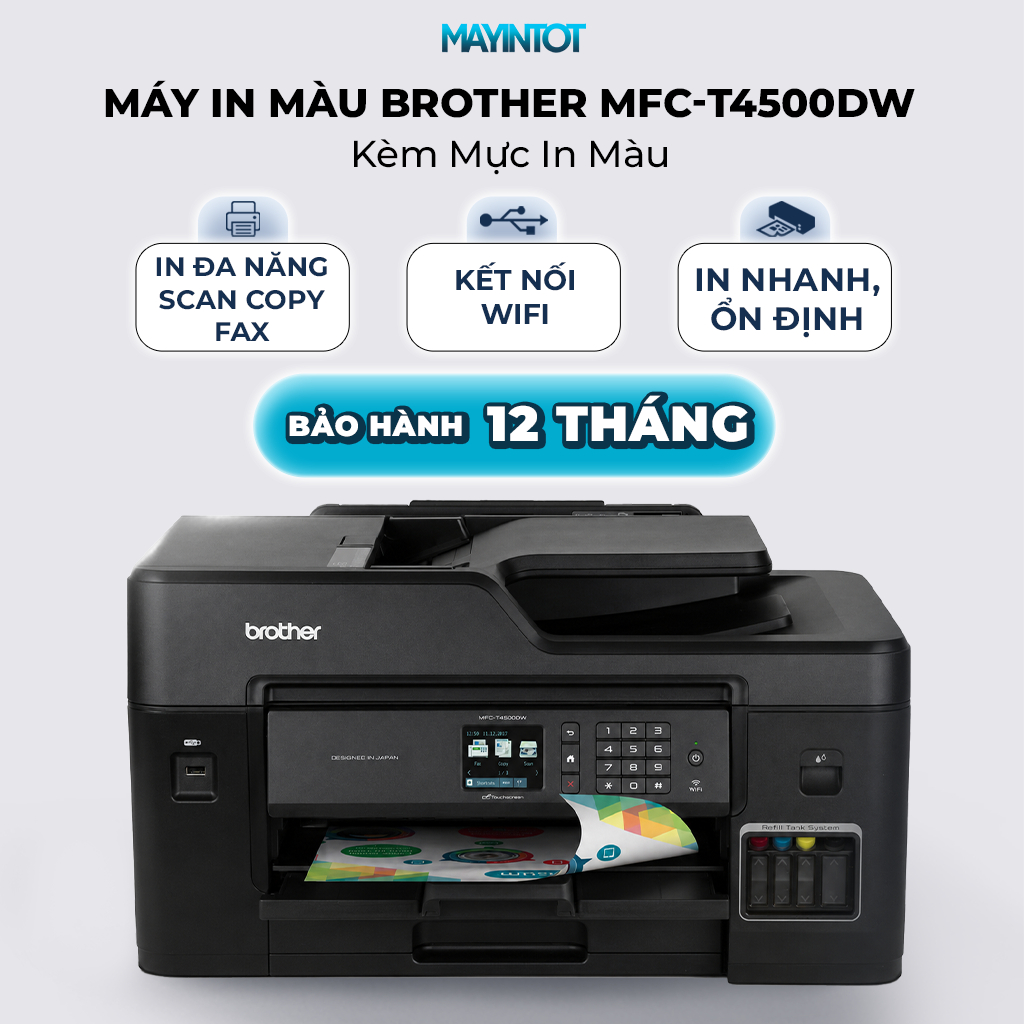 [Kèm Mực Sẵn] Máy In Màu Brother MFC-T4500DW A3 Đa Năng In Scan Copy Fax Wifi In 2 Mặt Tự Động - Máy