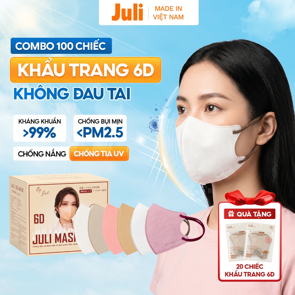 [TẶNG 20 Chiếc] Khẩu Trang 6D JULI MASK, Khẩu Trang 3 Lớp Kháng Khuẩn Chống Bụi Mịn, Khẩu Trang Chốn