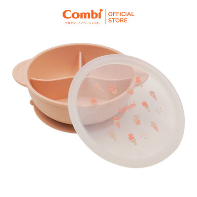 Khay ăn dặm Combi silicone cao cấp kèm nắp, chống lật, họa tiết kem hồng