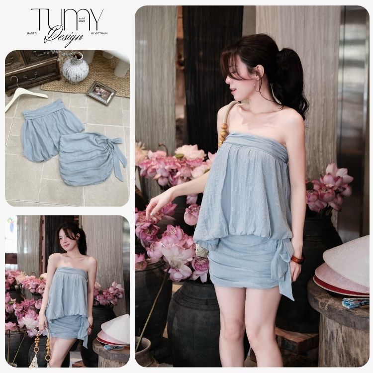 Set áo quây dáng bí mix chân váy ôm buộc nơ, set bộ cúp ngực dập ly nhún eo  sang chảnh TUMY Design 