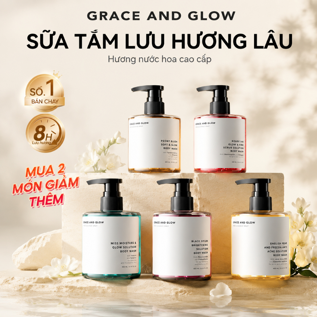 5 Loại sữa tắm trắng da dưỡng ẩm tẩy da chết GRACE AND GLOW Body Wash 400ml