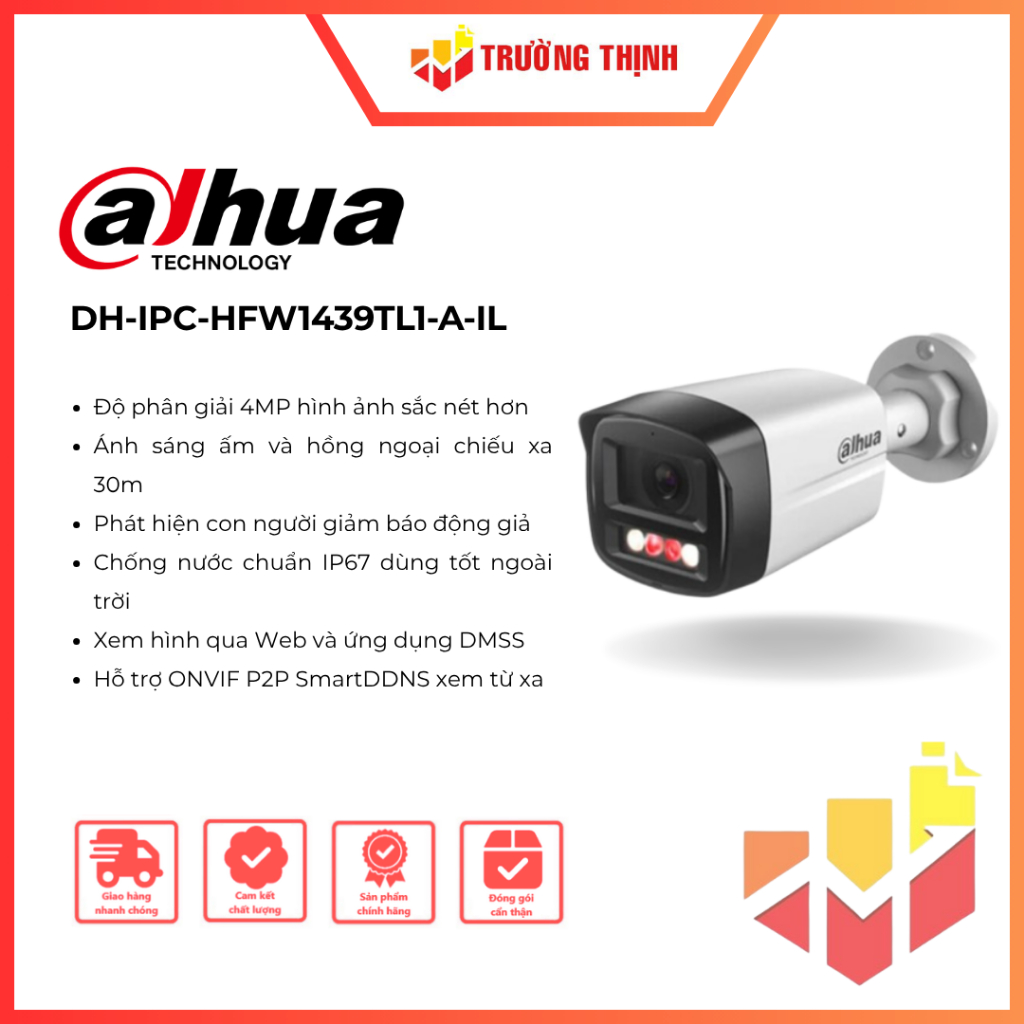 Camera IP Entry Smart Dual Light 4MP Dahua DH-IPC-HFW1439TL1-A-IL | Tích hợp Mic | 4MP | IP67