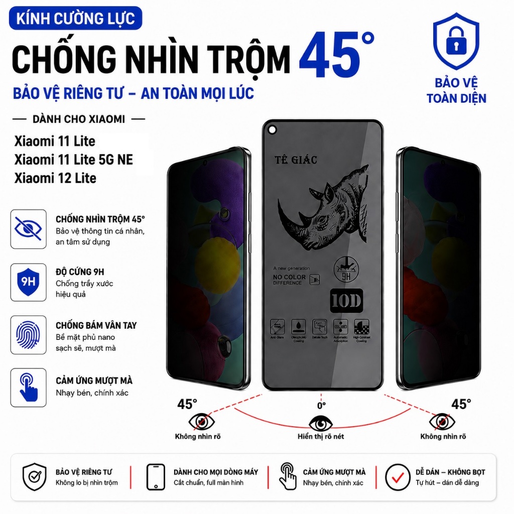 Kính cường lực chống nhìn trộm 45 độ full màn Dành Cho Xiaomi 11 Lite Xiaomi 11 Lite 5G NE Xiaomi 12