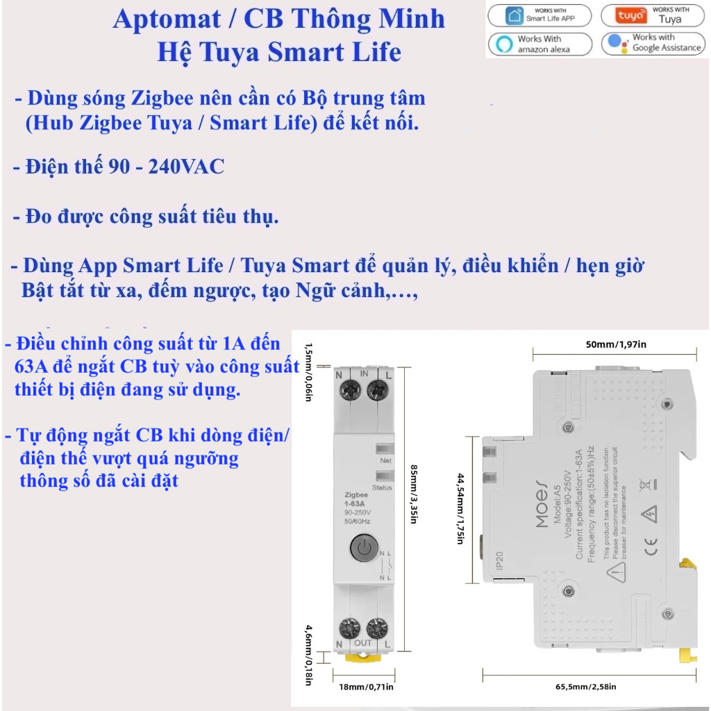 CB (Circuit Breaker), đồng hồ điện, Khởi động từ, Wifi, Zigbee, Tuya Smart Life, Home Assistant-