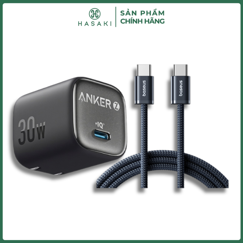 Combo Củ Sạc Nhanh Anker 1C Zolo A2698 30W + Cáp Sạc Nhanh Baseus C To C Dynamic 4 Series 100W 1M/2M