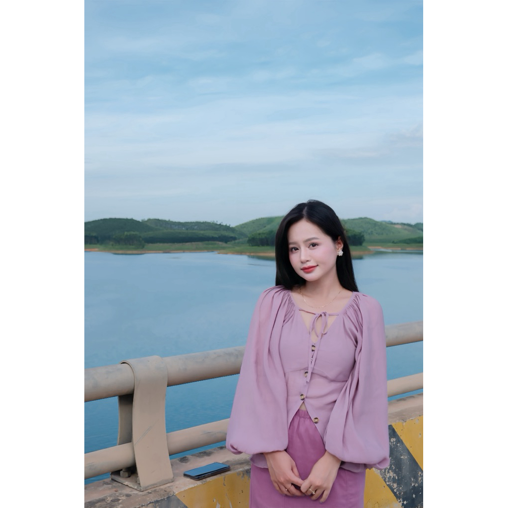 Pass set Set ASHLEY tím áo sơ mi + chân váy linen - S - Feminine -
