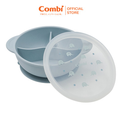 Khay ăn dặm Combi silicone cao cấp kèm nắp, chống lật, họa tiết voi xanh