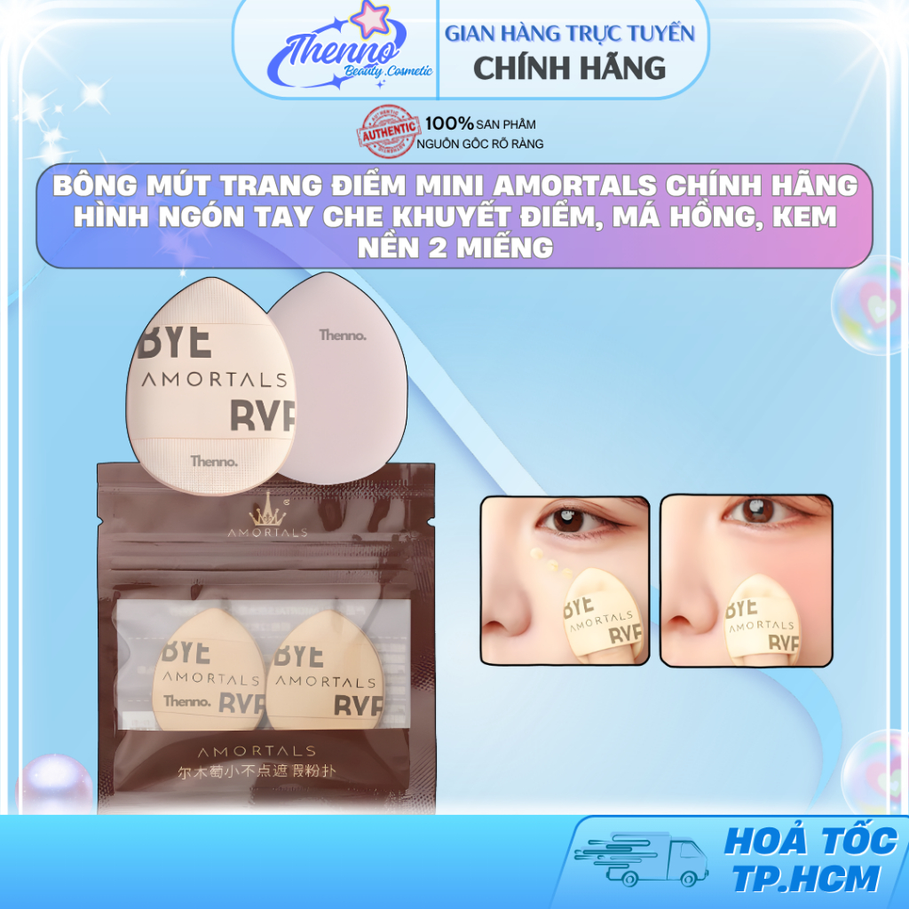 Bông Mút Trang Điểm Mini Amortals Chính Hãng Hình Ngón Tay Che Khuyết Điểm, Má Hồng, Kem Nền 2 Miếng