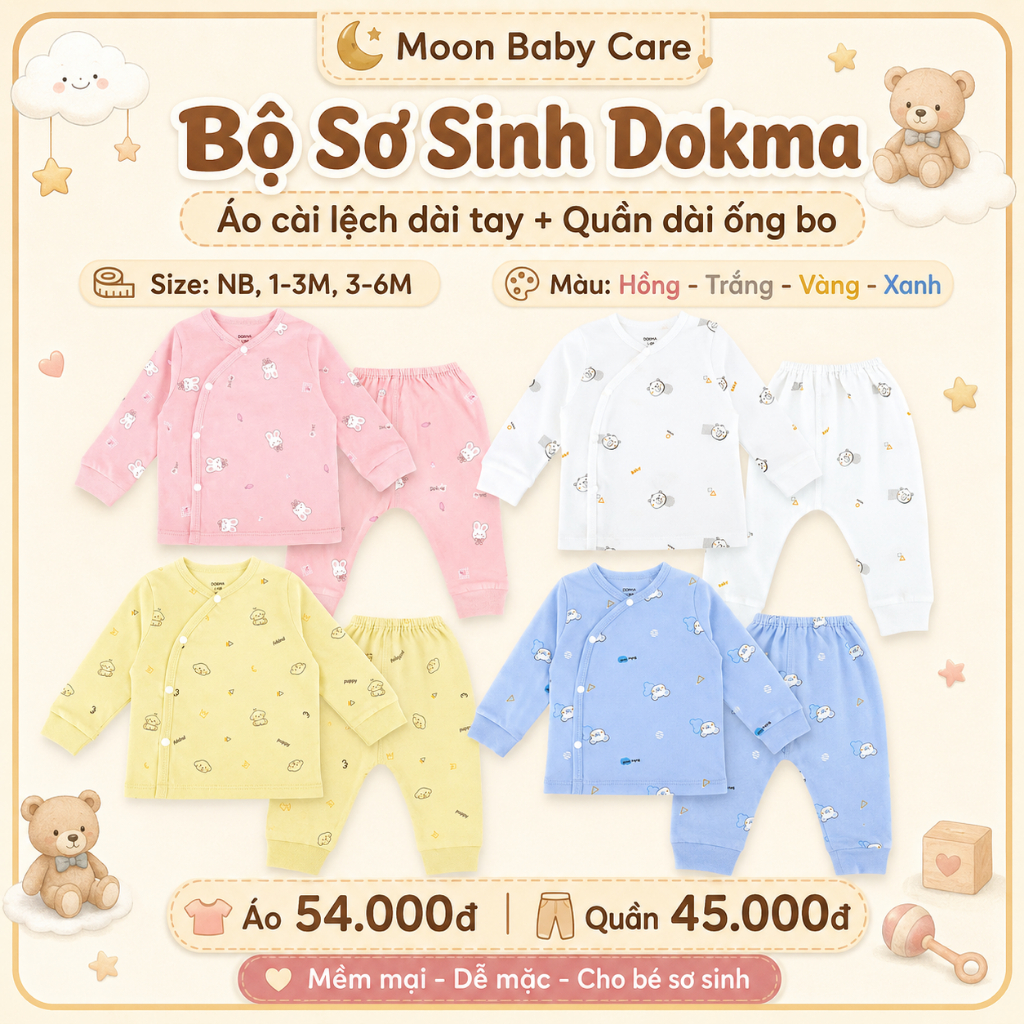Bộ Sơ Sinh DOKMA Áo Cài Lệch Dài Tay DA1899, Quần Dài Ống Bo DQ1899 Cho Bé NB–