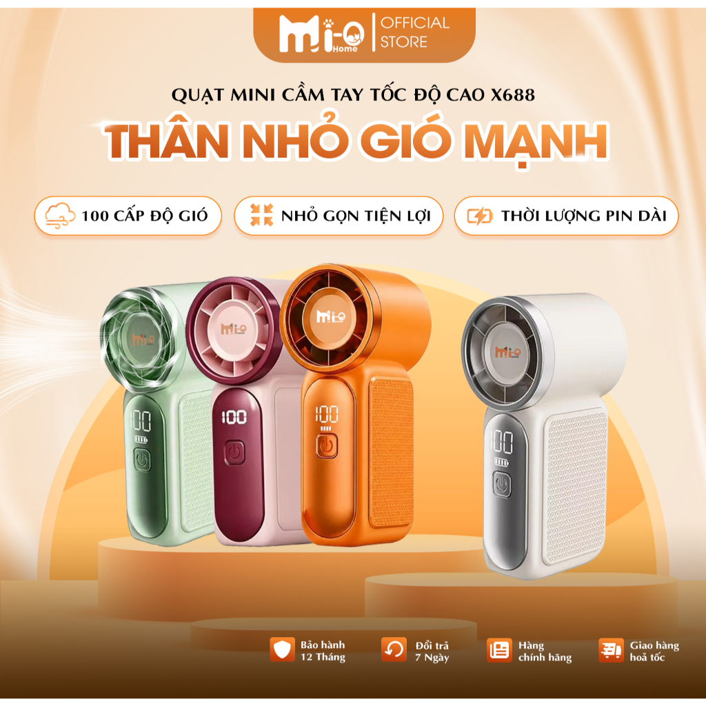 Quạt Mini Cầm Tay Tốc Độ Cao Mi-Ohome X688 Siêu Mát - 100 Cấp Độ Gió | Động Cơ Không Chổi Than | Màn