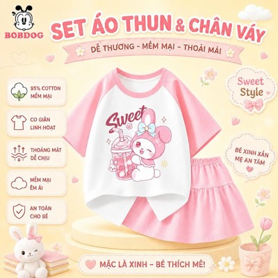 BOBDOG Set váy bé gái chất cotton mềm mát, áo phông phối với chân váy xòe in hình cute cho bé PV1