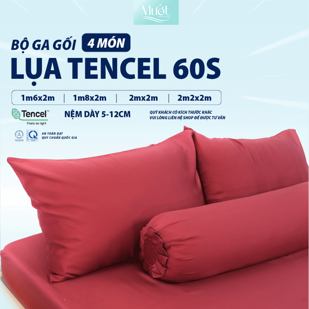Bộ ga gối 4 món nệm kích thước 1m6x2m, 1m8x2m, 2mx2m, 2m2x2m (Dày 5-12cm) Lụa Tencel 60s Mướt Bedding cao cấp trơn màu