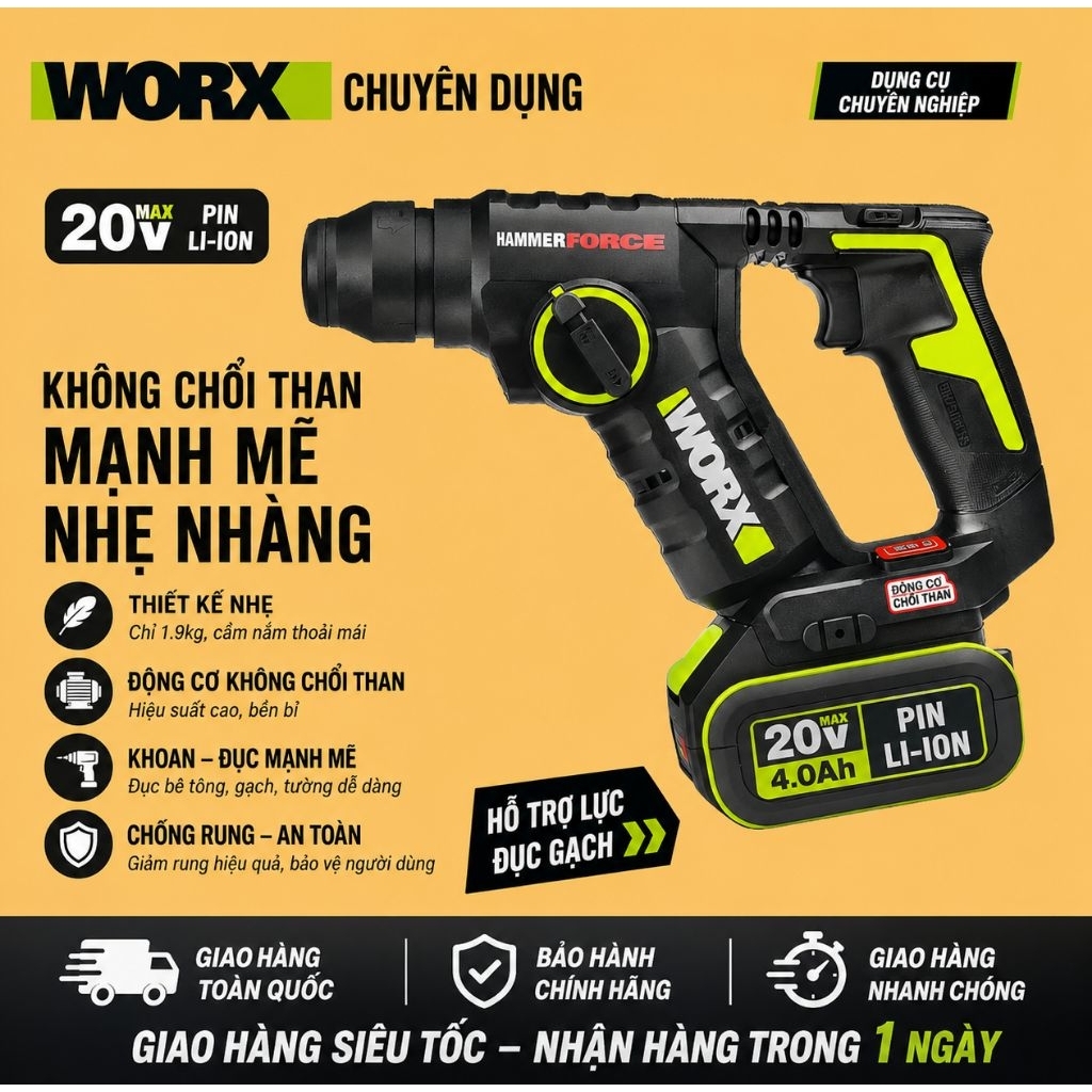 Máy khoan bê tông pin Worx WU380S, 2 chức năng, thiết kế nhỏ gọn