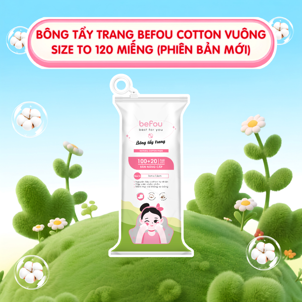 Bông Tẩy Trang Befou Cotton Vuông Size To Befou 120 Miếng - Phiên Bản Mới