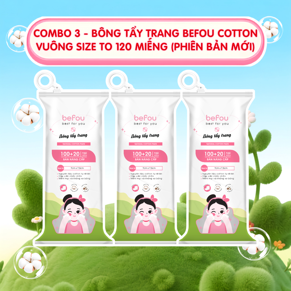 COMBO 3 - Bông Tẩy Trang Befou Cotton Vuông Size To Befou 120 Miếng - Phiên Bản Mới